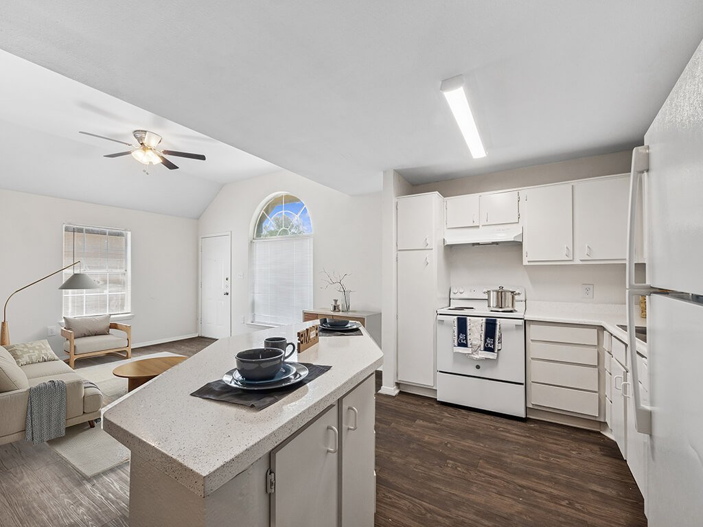 A spacious kitchen and kitchen counter at the Tidwell Estates Apartments in Houston, Texas.